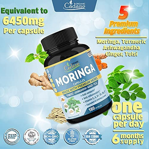 Organic Moringa Extract Capsules equivalent to 6450mg, 6 Months Supply & Ashwagandha, Tulsi, Ginger, Turmeric| Energy Booster, Immune Support| Multi Vitamin Oleifera Leaf|Antioxidant Inflammatory Herb