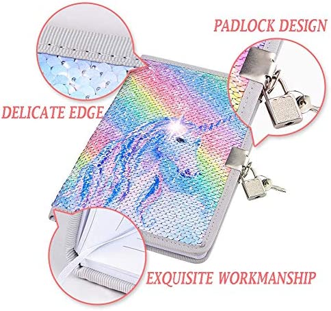 MHJY Unicorn Notebook Sequin Secret Diary with Lock,Reversible Mermaid Sequin Notebook Private Journal Magic Travel Journal Unicorn Notebook for Adults and Kids