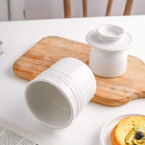 KOOV Porcelain Butter Crock, French Butter Dish, Ceramic Butter Keeper for Counter, Big Capacity, Elegant Blue Collection (White)