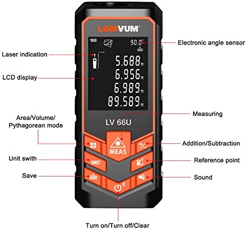Laser Measure 393Ft - LOMVUM Laser Tape Measure Laser Measurement Tool with M/in/Ft Unit Switching, Backlit LCD, Pythagorean Mode, Measure Distance, Area and Volume - Carry Pouch and Battery Included