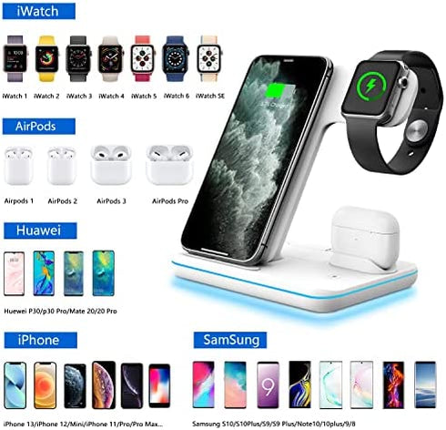 WAITIEE Wireless Charger 3 in 1, 15W Fast Charging Station for Apple iWatch 6/5/4/3/2/1,AirPods Pro, Compatible with iPhone 14/13/12/Pro Max/11 Series/XS Max/XR/XS/X/8/8 Plus/Samsung Galaxy (White)