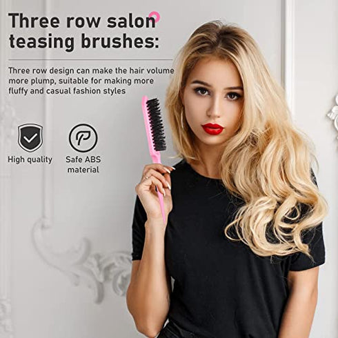 12 Pieces Hair Brush Set, Nylon Teasing Hair Brushes 3 Row Salon Teasing Brush, Double Sided Hair Edge Brush Smooth Comb Grooming, Rat Tail Combs with Duckbill Clips for Women Girls (Pink)1