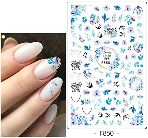 MiaoWu 10 Sheets Flower Nail Art Stickers Decals Colorful Cheery Blossoms 3D Self-Adhesive Rose Butterfly Nail Sticker Spring Floral Theme for Acrylic Nails DIY Nail Art Supplies