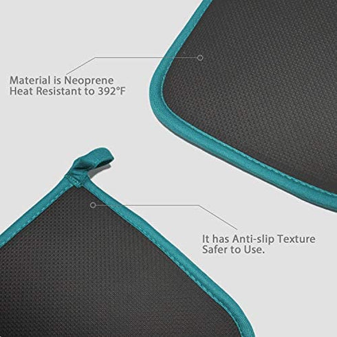 YEKOO Cotton and Neoprene Oven Pads Pot Holders with Pocket 8"x8.5" Dual-Function Hot Pad Set for Finger Hand Wrist Protection Heat Resistant to 428°F Teal