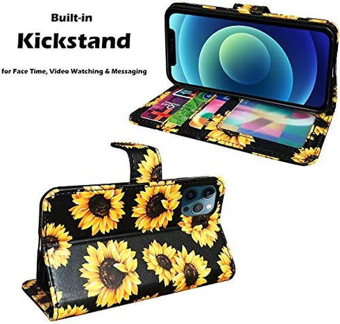 J.west Sunflower Wallet Case Compatible with iPhone 12 Pro Max 6.7", Yellow Vintage Floral Magnetic Leather Stand Wrist Strap 4 Card Holder ID Slots Pocket Flip Phone Case Cover for Women Girls