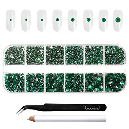 Beadsland Rhinestones for Makeup,8 Sizes 2500pcs Green Flatback Rhinestones Face Gems for Nails Crafts with Tweezers and Wax Pencil,Emerald,SS4-SS30