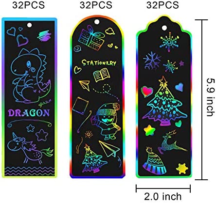 AUGSUN 96 Set Magic Scratch Rainbow Bookmarks Making Kit for Kids Students Christmas Party Favor Scratch Paper DIY Bookmarks Bulk with Bamboo Stylus (Regular)