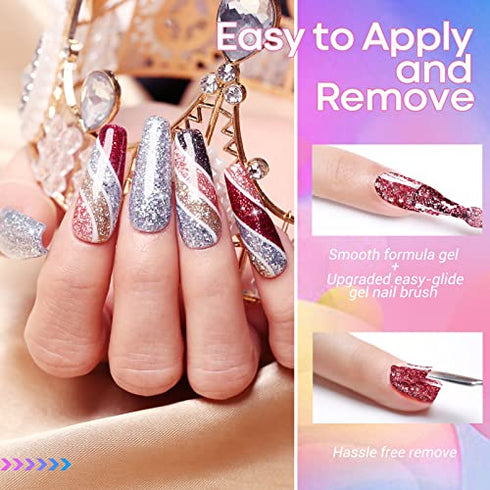 Modelones Glitter Gel Nail Polish - 6 Colors Sparkle Red Pink Purple Gel Polish Set Gel Blue Gold Silver Fingernail Polish Set Holiday Gel Collection of Manicure Starter Kit in Gifts for Women Package