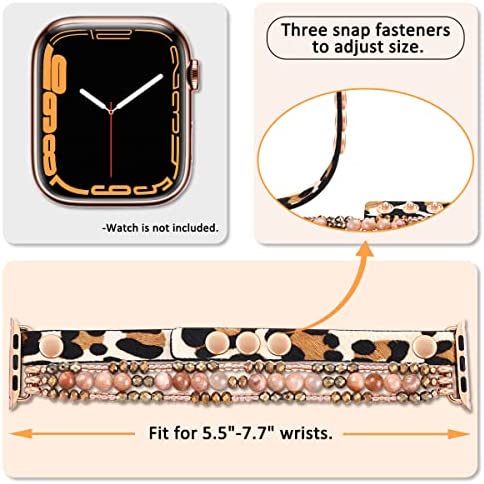 fastgo Bracelet Band Beaded Compatible with Apple Watch 38mm 40mm 41mm Women, Elastic Leather Leopard Strap for Iwatch SE& Series Ultra 8 7 6 5 4 3 2 1(Cheetah/Gold,38/40/41mm)