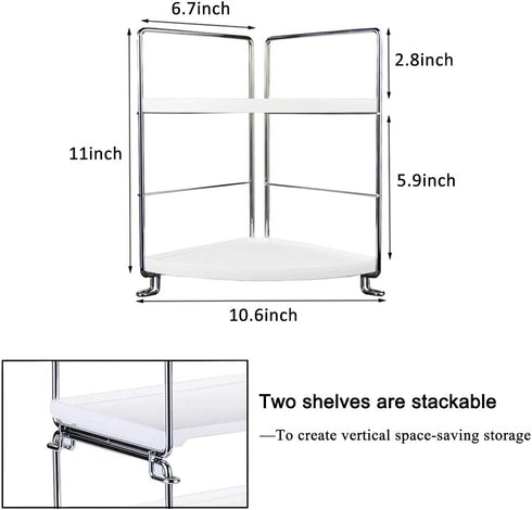 2-Tier Corner Storage Shelf Stackable Organizer for Cosmetics, Bathroom, Kitchen, Countertop, and Vanity, Silver