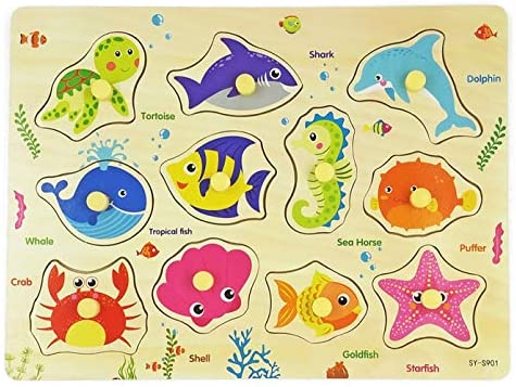 Wooden Peg Puzzle, Sea Creature Chunky Baby Puzzles, Colorful Wood Shape Puzzle Peg Board, Animal Knob Puzzle for Educational Toddlers 18 Months and Up, 11 Pieces