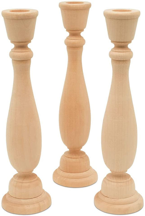 Woodpeckers Unfinished Wood Candlestick Holders 9 inch Tall with 7/8 inch Hole, Set of 2 Classic Craft Candlesticks to Paint or Decorate