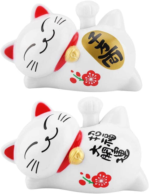 FTVOGUE Solar Powered Maneki Neko Lucky Cat, Fortune Welcoming Waving Arm Paw Up Lazy Lying Wealth Fortune Cat Home Stores Car Feng Shui Decor White(01)