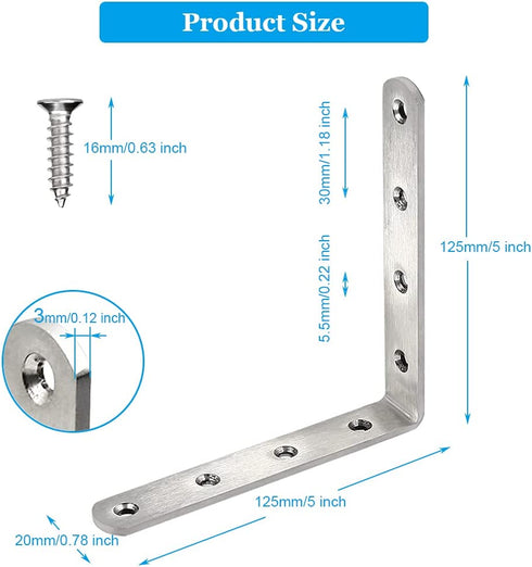8 Pcs Shelf Bracket Stainless Steel L Bracket 125 x 125 x 20mm Heavy Duty Solid Shelf Support Corner Brace, Metal Joint Right Angle Bracket for Wood Shelves, with Screws