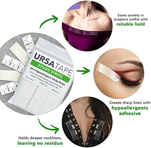 URSA Tape Sticky Strips, No-Residue Clear Fashion Tape for Costumes, Shoes and More, Body Tape for Delicate Skin, Double Sided Tape for Clothes and Medical Accessories, Pack of 60