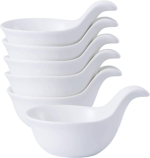 Bruntmor Matte Glazed Set Of 6 Side Dish Porcelain Dip Bowl Set with Handle, for Soy Sauce, Ketchup, Appetizer, For BBQ and Dinner, 3 ounce, White