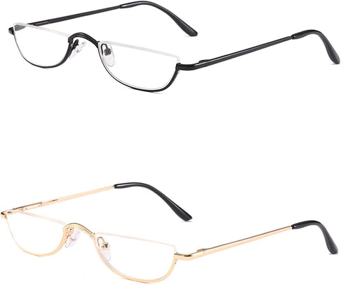 KoKoBin Half Reading Glasses - 2 Pairs Half Rim Metal Frame Glasses Spring Hinge Readers for Men and Women, Black+Gold 3.00