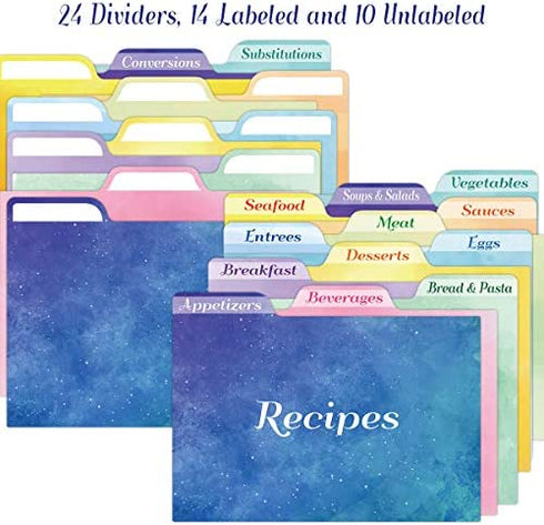 24 Recipe Card Dividers 4x6 with Tabs Recipe Box dividers Helps Organize Recipe Box for Holiday Party Supplies (Watercolor)
