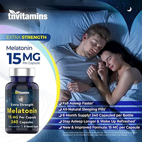 Melatonin 15 MG Per Capsule (240 Capsules) | All-Natural Sleeping Pills for Adults | Extra Strength Melatonin | Nighttime Sleep Aid | Natural Sleep Support Supplement | by TNVitamins