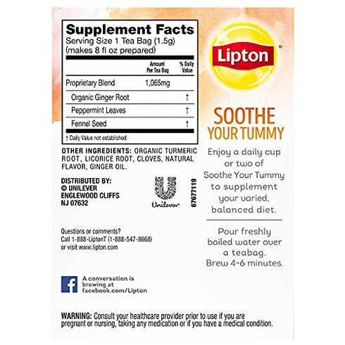 Lipton Soothe Your Tummy Herbal Supplement Tea Bags For a Soothing Hot Beverage Ginger Peppermint and Fennel Caffeine Free Tea Blend 15 Count