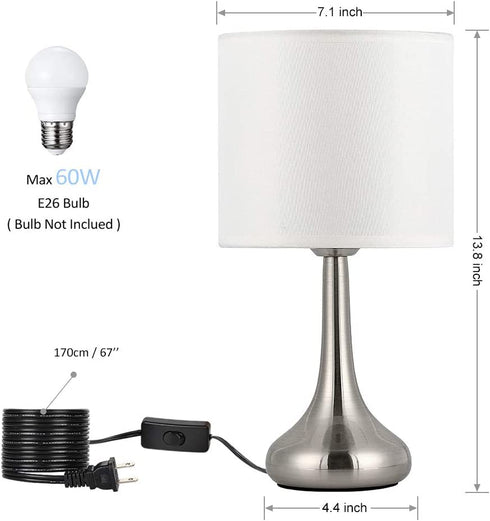 Bedside Table Lamp Modern Table Lamp Nightstand Lamp Small Desk Lighting Sliver Brushed Steel White Cylinder Shade for Living Room Bedroom Family Room Coffee Table