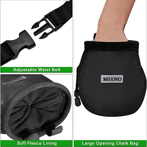 MIUONO Chalk Bag with 2 Chalk Balls, Belt, Carabiner Clip, Brush Loop and Zippered Pocket for Climbing, Bouldering, Gymnastics, Cross Fit and Lifting
