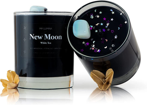 My Lumina New Moon Aromatherapy Candle w/ Moonstone Crystal Inside -Natural Stone Healing Energy, Stress Relief, Relaxing & Balance- Soy Wax Scented Candle Home - Gift for New Beginnings - Night Black