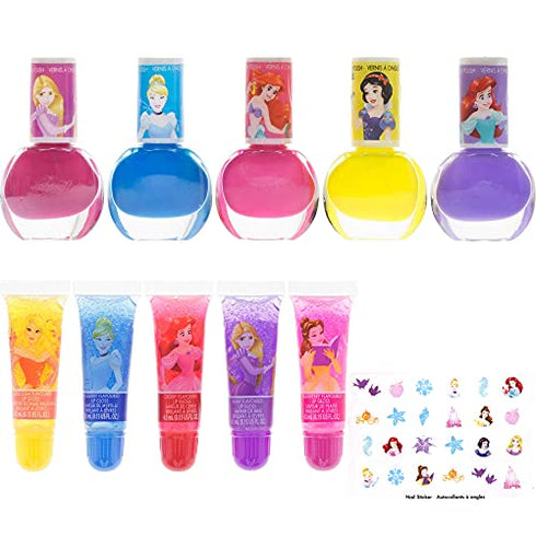 Townley Girl Disney Princess Sparkly Cosmetic Makeup Set for Girls with Lip Gloss Nail Polish Nail Stickers - 11 Pcs|Perfect for Parties Sleepovers Makeovers| Birthday Gift for Girls above 3 Yrs