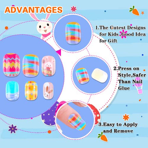 96Pcs Easter Fake Press on Nails for Kids Pre-glue Short Full Cover False Nail Tips Stick on Nails for Children Lovely Gift Girls Nail Art Decoration (Easter Theme)