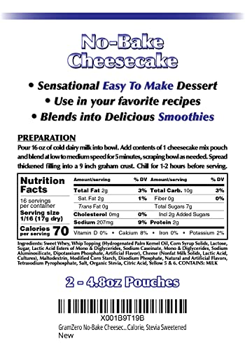 GramZero No-Bake Cheesecake Mix, Makes 2 Cheesecakes, No Sugar Added, Low Calorie, Stevia Sweetened
