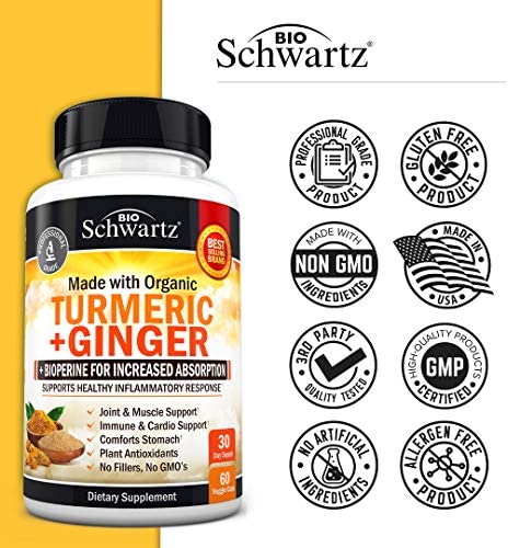 Organic Turmeric Curcumin and Ginger 95% Curcuminoids with BioPerine Black Pepper Extract for Ultra High Absorption and Potency - Natural Joint Support Supplement, Gluten-Free, Non-GMO, 60 Capsules