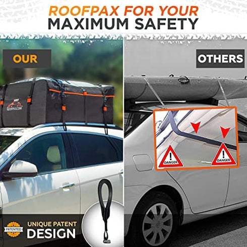 RoofPax 6 Rooftop Cargo Tie Down Hook Straps for Strapping Down Any Car Top Luggage. Waterproof, Attaches to Car Door Frame, Patent Registered, Extended Warranty!