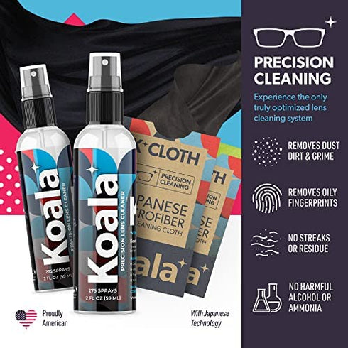 Koala Eyeglass Lens Cleaner Spray Kit | American Made | 2 Ounces + 1 Koala Cloth | Streak and Alcohol Free | Carefully Engineered Glasses Cleaner | Safe for All Lenses (Pack of 2)