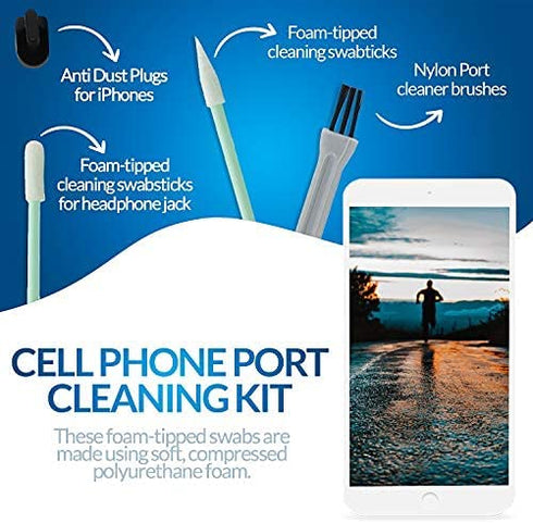 PortPlugs Port Cleaning Kit (17 Piece) Compatible with iPhone 11, X, XS, 8, 8+, 7, 6, iPads, Charging Port Cleaning Tools Includes Dust Plugs, Foam Tipped Swabs and Cleaning Brush (Black)