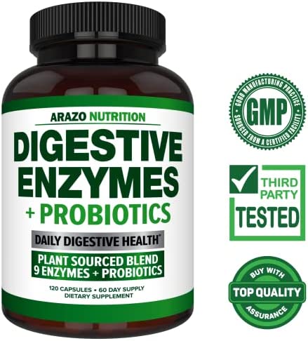 Digestive Enzymes with Probiotics - Multi Enzyme Nutritional Supplement - Acidophilus Bromelain Papaya Papain Lipase & Lactase - Improve Digestion - 120 Pills - Arazo Nutrition