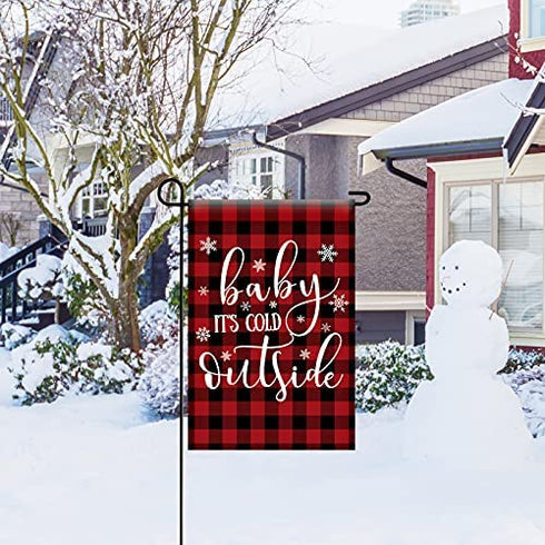 Texupday Baby It's Cold Outside Christmas Decoration Winter Buffalo Check Plaid Rustic Garden Flag Outdoor Yard Flag 12" x 18"