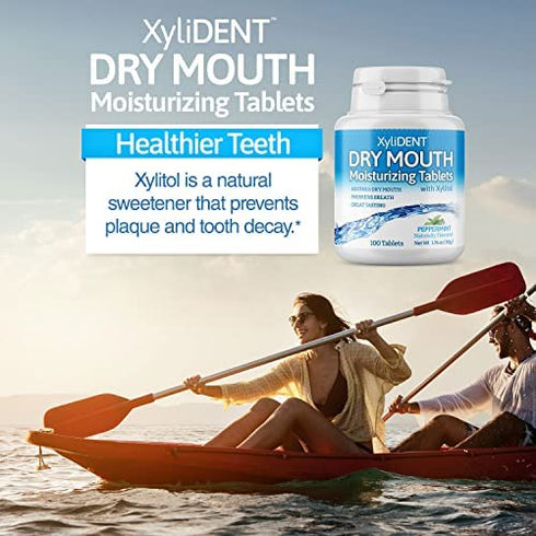 XyliDENT Xylitol Tablets for Dry Mouth Relief - Stimulates Saliva, Freshens Breath, Reduces Acid Production, Fast Acting Relief, 100 Count (Peppermint)