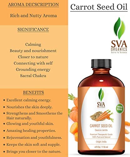 SVA Organics Carrot Seed Carrier Oil with Dropper- 118 ml (4 fl. oz.) 100% Pure, Natural, Cold Pressed and Therapeutic Grade for Moisturized Skin, Shiny Hair, Aromatherapy & Massage