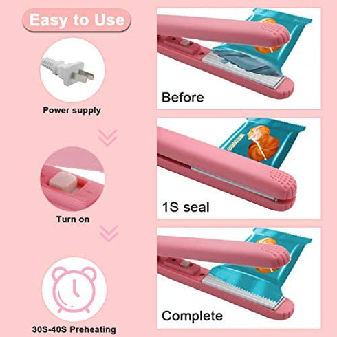 Bag Sealer Heat Seal Chip Bag Sealer Handheld Heat SealerClips Kitchen Gadgets Food Sealer Bag Resealer for Heat Sealing Machine for Chip Bags Snack Bags Plastic Bags Sealer Bags for Food(Pink)