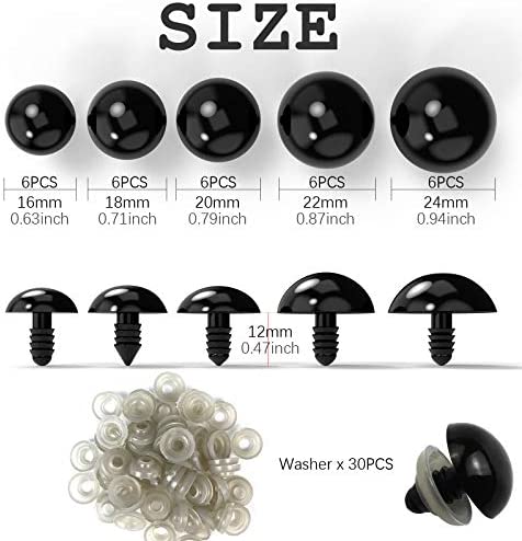 Safety Eyes for Amigurumi Crochet 30PCS 16-24 mm, Plastic Black Large Safety Doll Eyes Stuffed Animal Eyes Craft Crochet Eyes for DIY of Puppet, Bear, Toy Doll Making Supplies