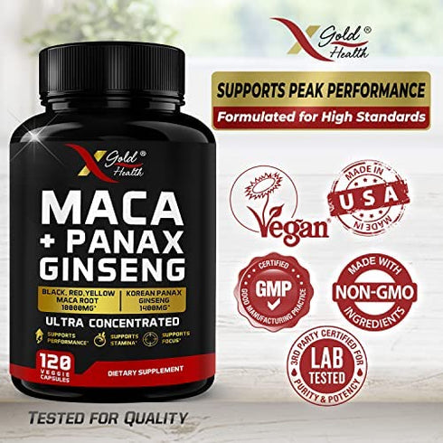 Maca Root Capsules 10,000mg + Korean Panax Ginseng 1,400mg - 20x Concentrated Extract Black + Red + Yellow Maca Root, 10x Concentrated Extract Panax Ginseng Capsules - Ultra Potent & Highly Purified
