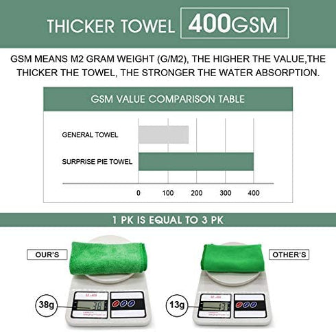 SURPRISE PIE Microfiber Cleaning Cloths 400 GSM Thick Soft Lint Free 12"x12" 6 Pack Green Blue and Orange Reusable Kitchen Towels Dust Cloth Rags for Window Car House Boat Furniture