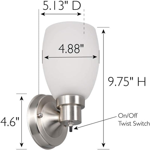 Design House 588814-SN Lydia Transitional 1-Light Indoor Wall Light Dimmable with a White Frosted Glass Shade and Twist On/Off Switch for Hallway Foyer Bathroom, Satin Nickel