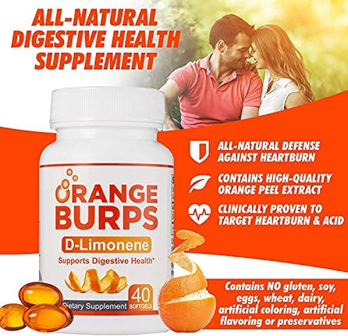 Orange Burps D-Limonene Softgels | Orange Peel Extract for Digestive Health | Non-Harmful Solution for Acid Reflux & Heartburn | Easy-to-swallow & each Bottle Contains 500mg, 40 Capsules | Gluten-Free
