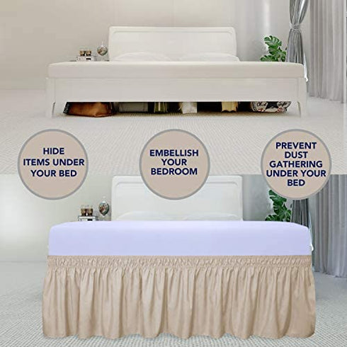 PureFit Wrap Around Ruffled Bed Skirt with Adjustable Elastic Belt - 18 Inch Drop Easy to Put On, Wrinkle Free Bedskirt Dust Ruffles, Bed Frame Cover for Queen, King and C-King Size Beds, Beige