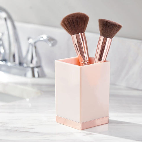 mDesign Square Plastic Bathroom Vanity Countertop Accessory Set - Includes Soap Dispenser Pump, Divided Toothbrush Holder, Tumbler Rinsing Cup, Soap Dish - 4 Pieces - Light Pink/Rose Gold