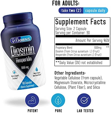 Diosmin Hesperidin 1000mg Per Serving – 180 Capsules – 90 Day Supply - Diosmin and Hesperidin Supplement – Helps to Support Healthy Circulation, Veins, Capillaries, and Lymphatic Drainage