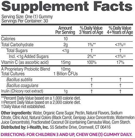 up4 Kids Probiotic Gummies, Digestive and Immune Support with Prebiotics and Vitamin C, Gelatin and Gluten Free, Non-GMO, For Ages 3+, 30 count
