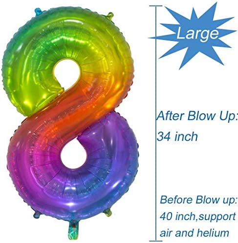 Tellpet Number 8 Balloon, 8th Birthday Girl Party Decorations, Rainbow Front Silver Back, 40 Inch