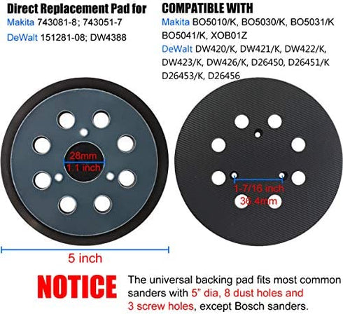 5" Hook & Loop Replacement Sander Pad for Makita & DeWalt Sander - Fit BO5010/K, BO5030/K, BO5031/K, BO5041/K DeWalt DW420/K, DW421/K, DW422/K, DW423/K, DW426/K, D26450, D26451/K, D26453/K, D26456,